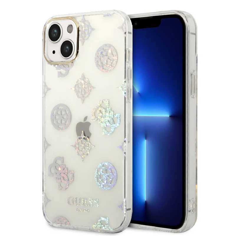 iPhone 14 Plus - PC/TPU White Iml Case Electroplated Camera Outline Peony Glitter - Guess