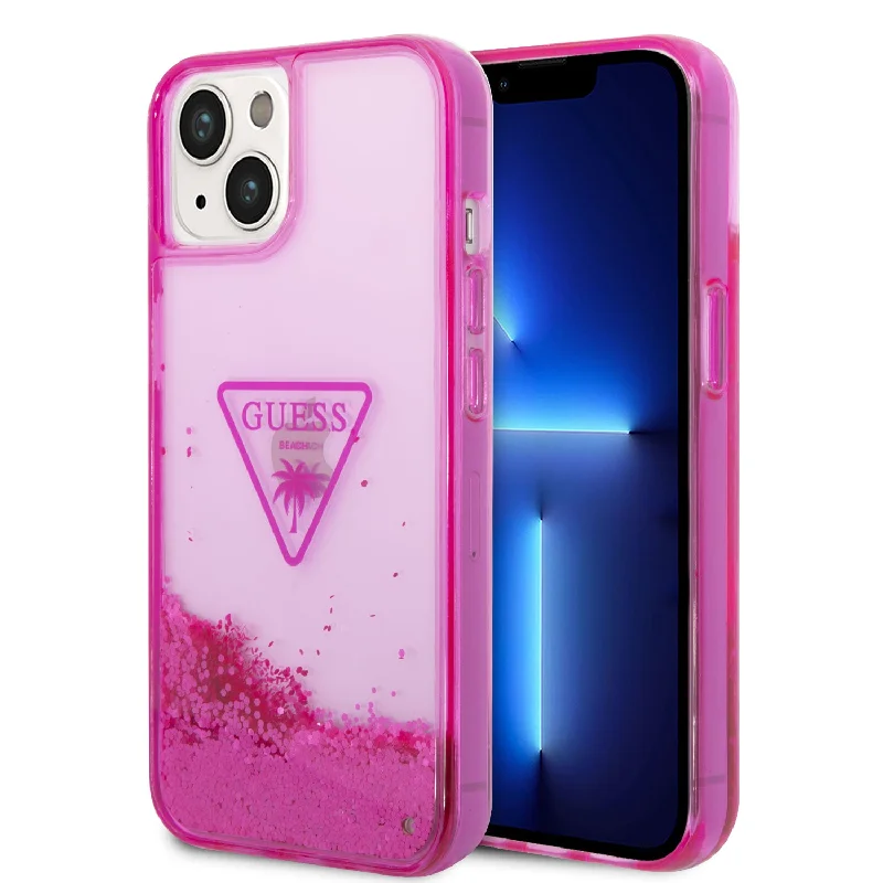 iPhone 14 Plus - PC/TPU Fuschia Liquid Glitter Case Translucent Triangle Logo - Guess