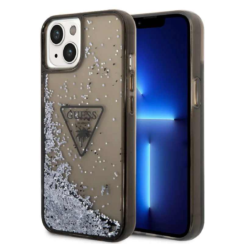 iPhone 14 Plus - PC/TPU Black Liquid Glitter Case Translucent Triangle Logo - Guess