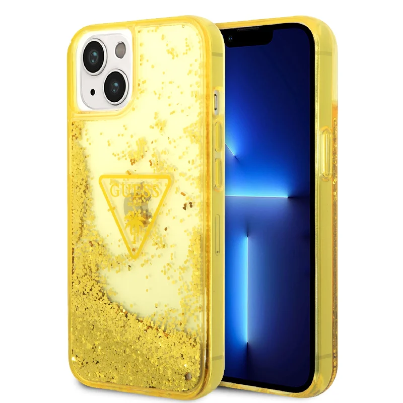 iPhone 14 Plus - PC/TPU Yellow Liquid Glitter Case Translucent Triangle Logo - Guess