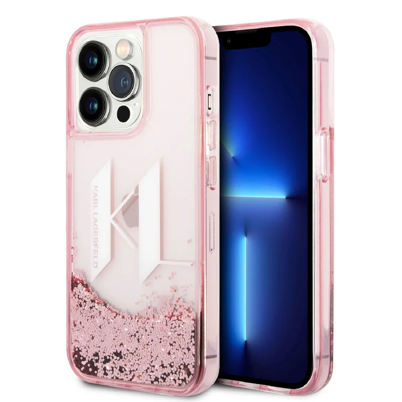 iPhone 14 Pro - PC/TPU Pink Liquid Glitter Case Big Karl Logo - Karl Lagerfeld