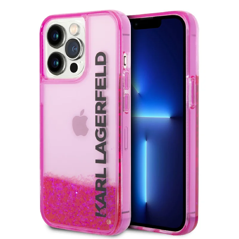 iPhone 14 Pro - PC/TPU Pink Liquid Glitter Translucent Case Elongated Logo - Karl Lagerfeld