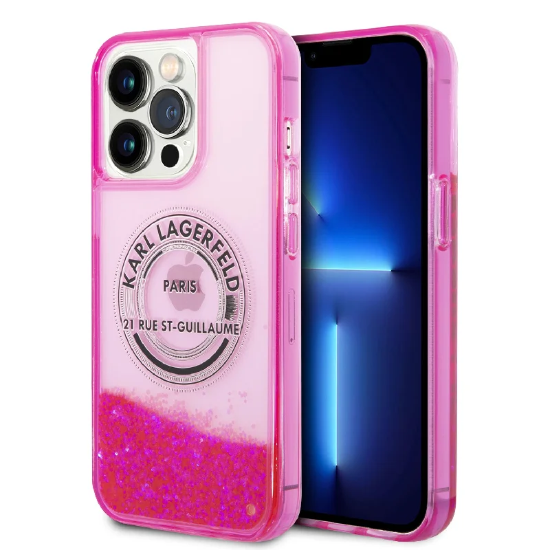 iPhone 14 Pro - PC/TPU Pink Liquid Glitter Case Round Rsg Logo - Karl Lagerfeld