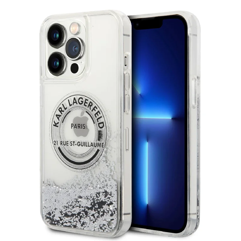 iPhone 14 Pro - PC/TPU Silver Liquid Glitter Case Round Rsg Logo - Karl Lagerfeld