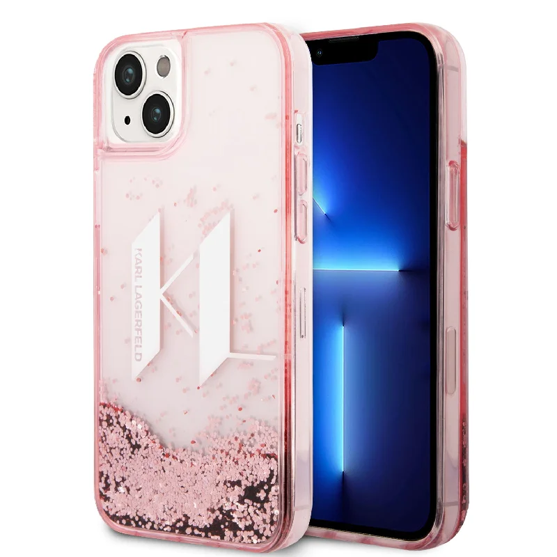 iPhone 14 Plus - PC/TPU Pink Liquid Glitter Case Big Karl Logo - Karl Lagerfeld