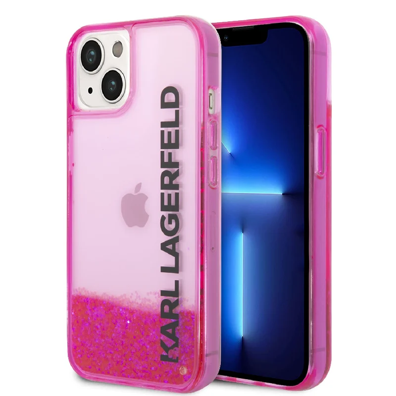 iPhone 14 Plus - PC/TPU Pink Liquid Glitter Translucent Case Elongated Logo - Karl Lagerfeld