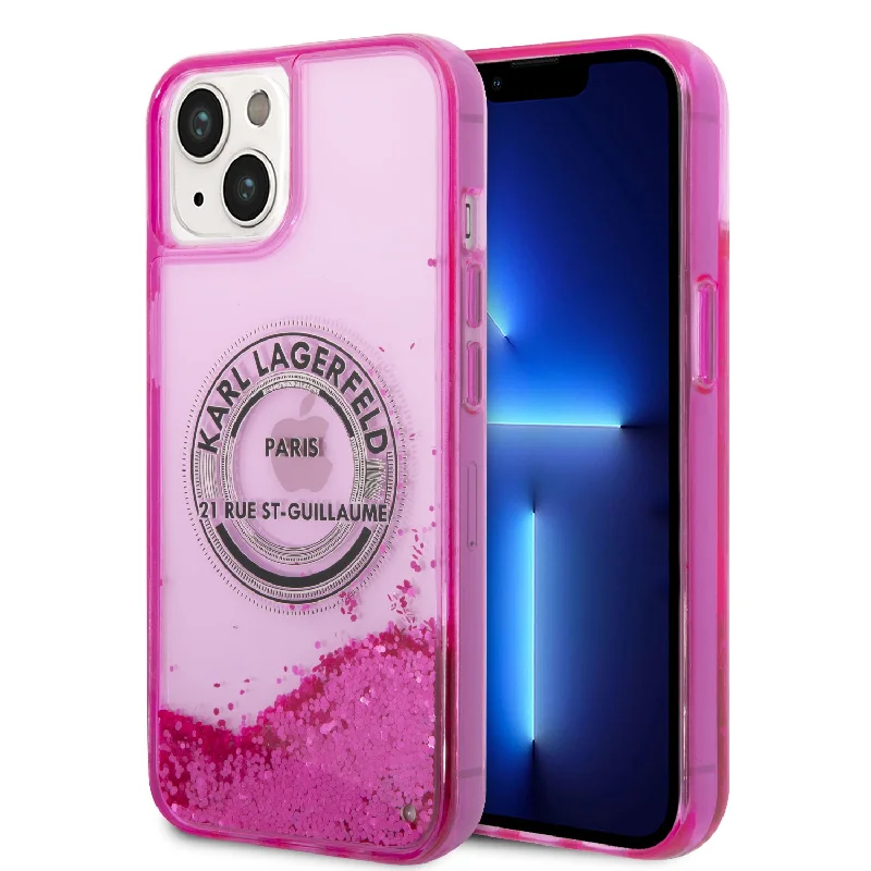 iPhone 14 Plus - PC/TPU Pink Liquid Glitter Case Round Rsg Logo - Karl Lagerfeld