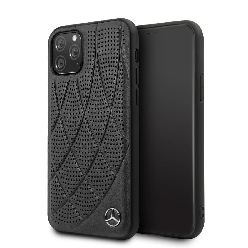 iPhone 11 Pro - Real Leather Black Quilted Perforated Bow Line Collection - Mercedes-Benz