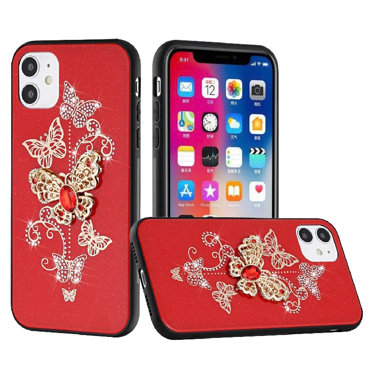 For Apple iPhone 11 6.1 SPLENDID Diamond Glitter Ornaments Engraving Case Cover - Garden Butterflies Red