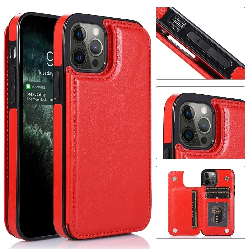 For Apple iPhone 13 Pro Max (6.7") Wallet Card Case Magnetic Light Weight Stand-Red