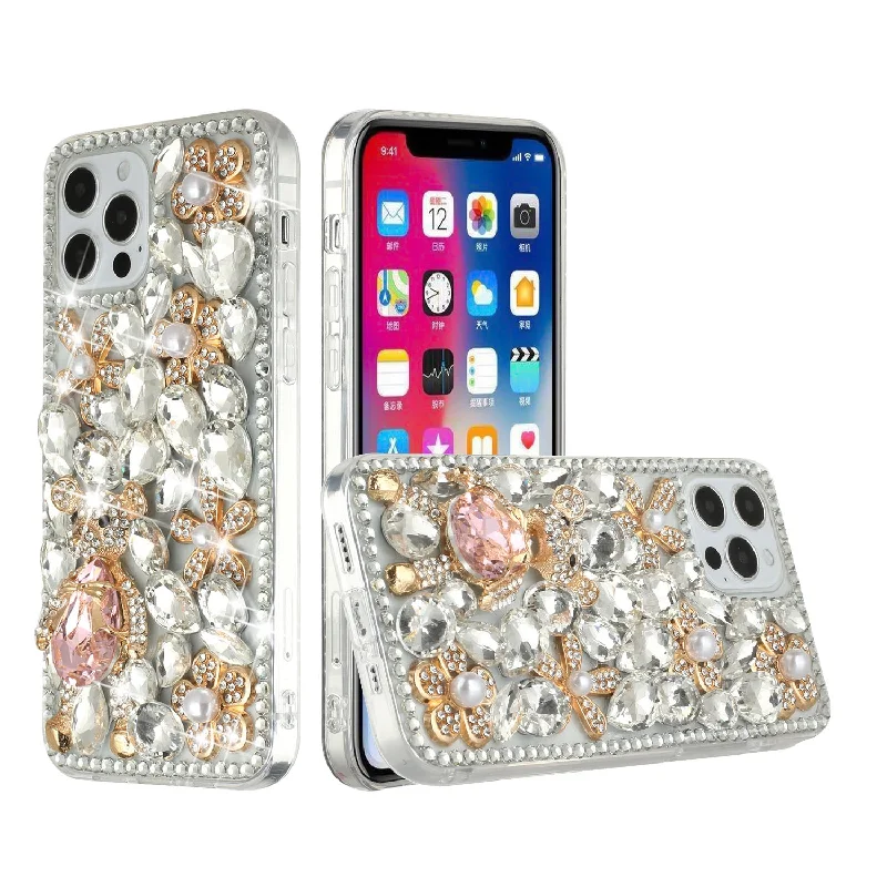 For Apple iPhone SE2 (2020) 8/7 Full Diamond with Ornaments Hard TPU Case Cover - Silver Panda Floral