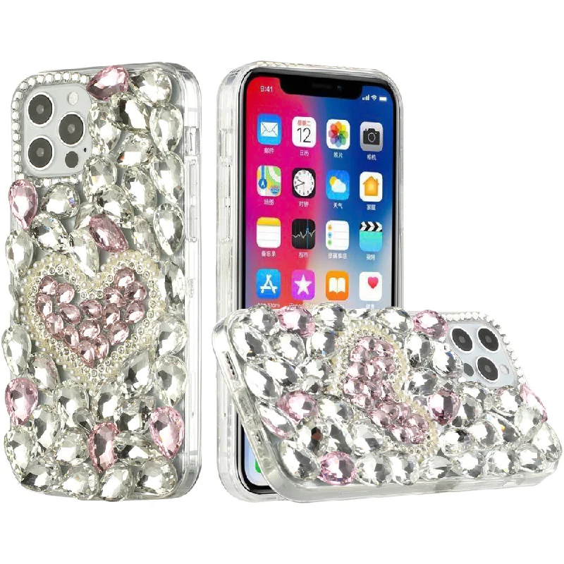 For Apple iPhone XR Full Diamond with Ornaments Hard TPU Case Cover - Hearty Pink Pearl Heart