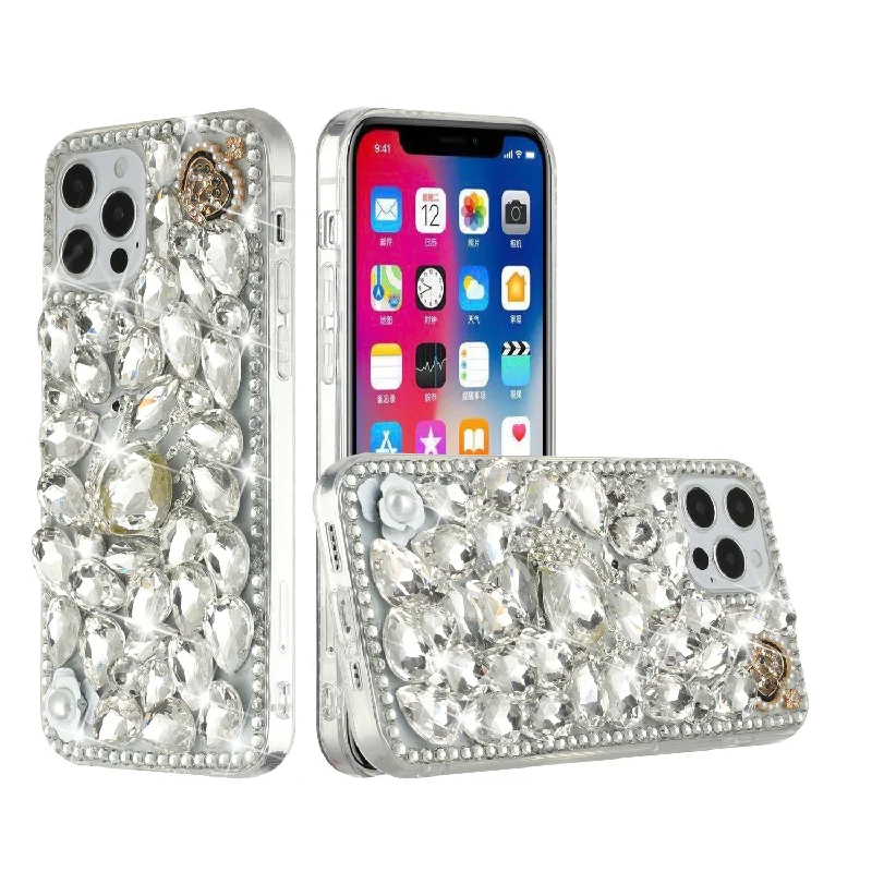 For iPhone 12/Pro (6.1 Only) Full Diamond with Ornaments Hard TPU Case Cover - Silver Swan Crown Pear