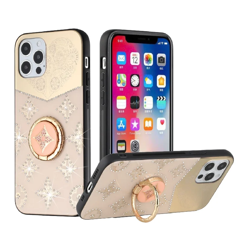 For iPhone 12/Pro (6.1 Only) SPLENDID Diamond Glitter Ornaments Engraving Case Cover - Bird Heart Gold