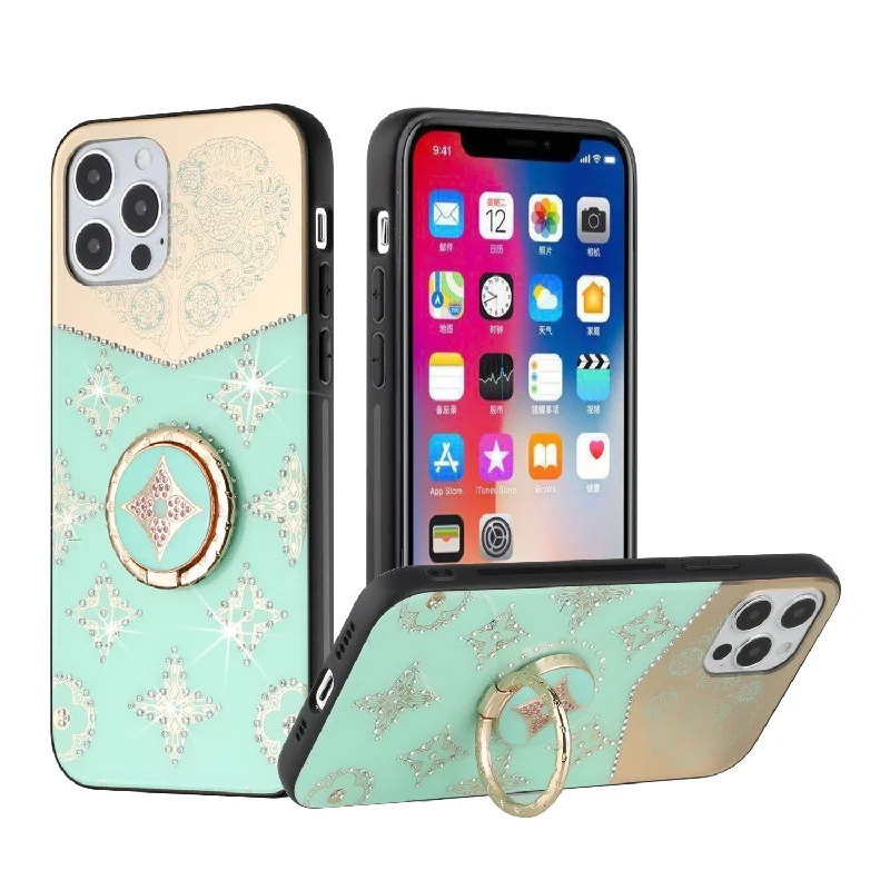 For iPhone 12/Pro (6.1 Only) SPLENDID Diamond Glitter Ornaments Engraving Case Cover - Bird Heart Teal