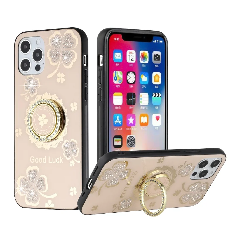 For iPhone 12/Pro (6.1 Only) SPLENDID Diamond Glitter Ornaments Engraving Case Cover - Good Luck Floral Gold