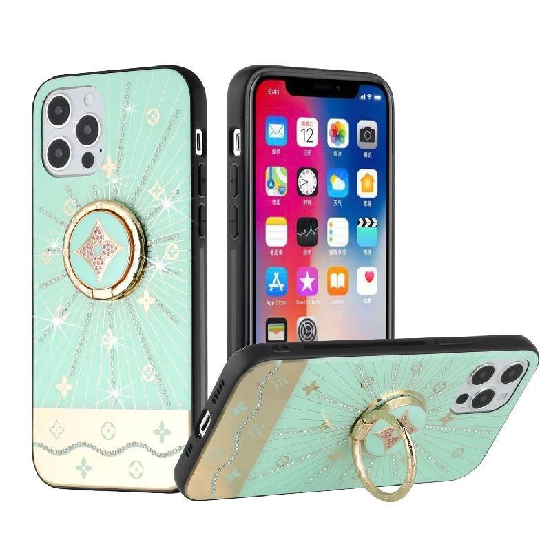 For iPhone 12/Pro (6.1 Only) SPLENDID Diamond Glitter Ornaments Engraving Case Cover - Harmony Rays Teal