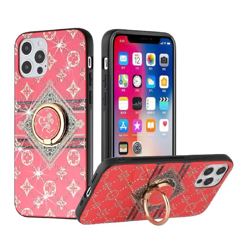 For iPhone 12/Pro (6.1 Only) SPLENDID Diamond Glitter Ornaments Engraving Case Cover - Love Floral Red