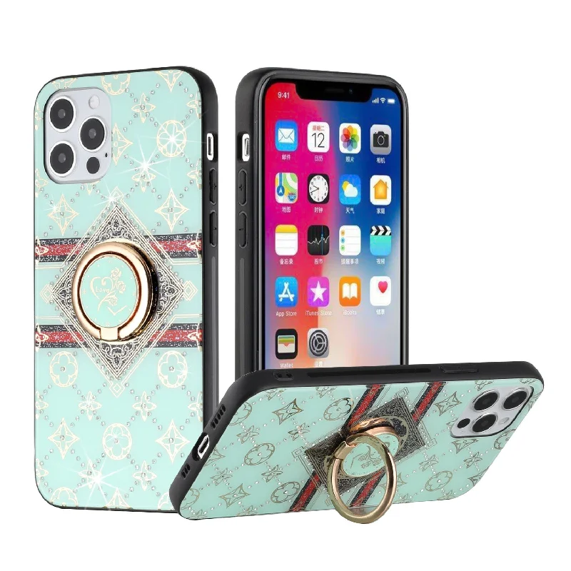 For iPhone 12/Pro (6.1 Only) SPLENDID Diamond Glitter Ornaments Engraving Case Cover - Love Floral Teal