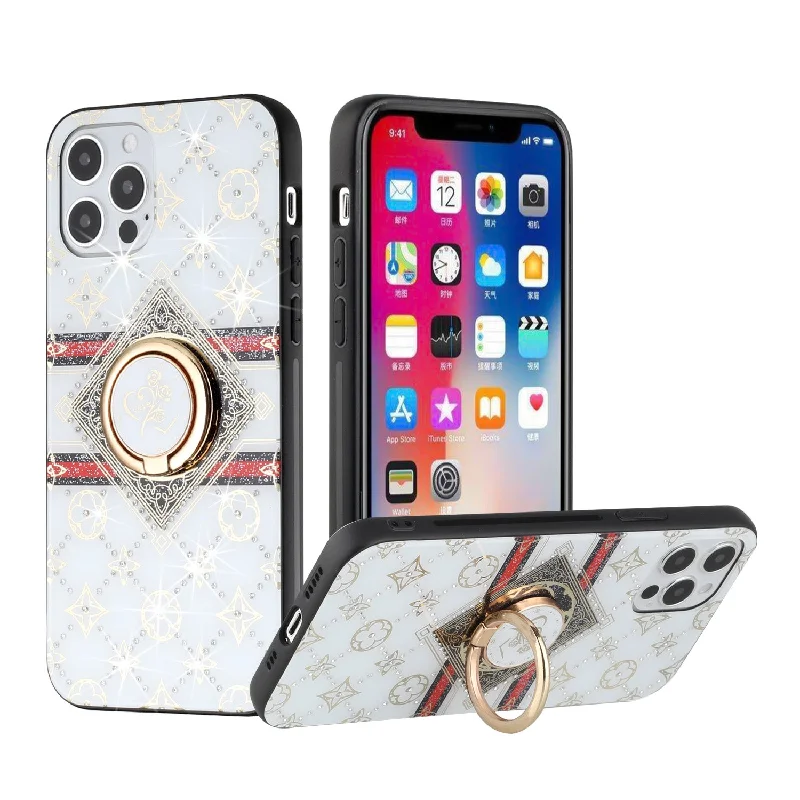 For iPhone 12/Pro (6.1 Only) SPLENDID Diamond Glitter Ornaments Engraving Case Cover - Love Floral White