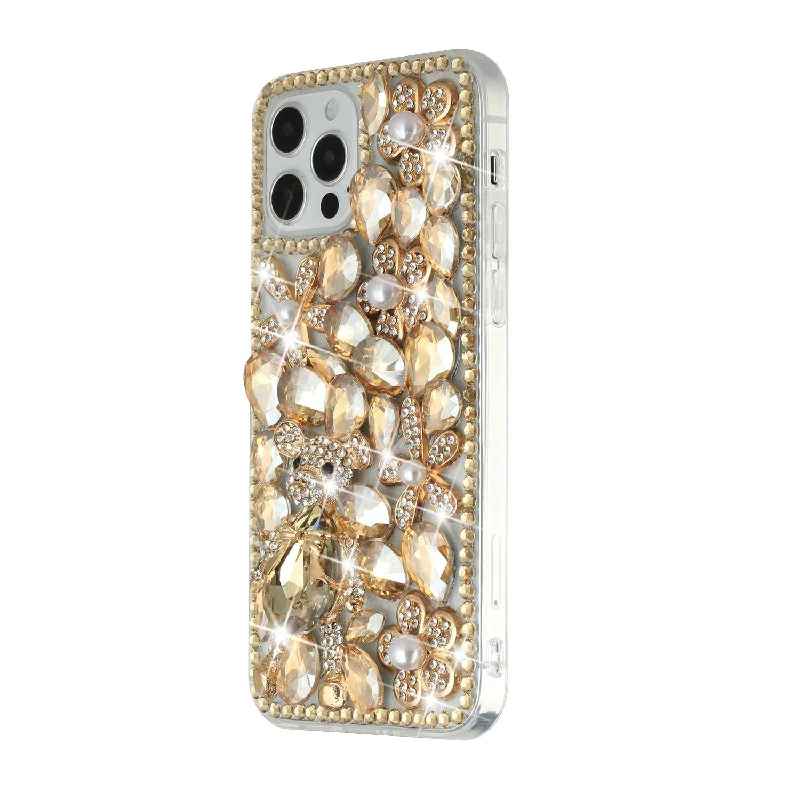 For iPhone 12 Pro Max 6.7 Full Diamond with Ornaments Hard TPU Case Cover - Gold Panda Floral