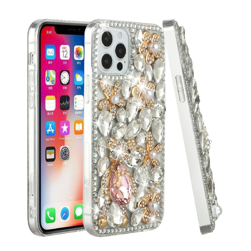 For iPhone 12 Pro Max 6.7 Full Diamond with Ornaments Hard TPU Case Cover - Silver Panda Floral