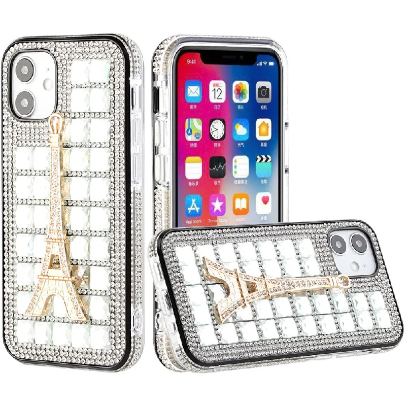 For iPhone 12 Pro Max 6.7 Ornament Bling Diamond Shiny Crystal Case Cover - Eiffel Tower on Silver