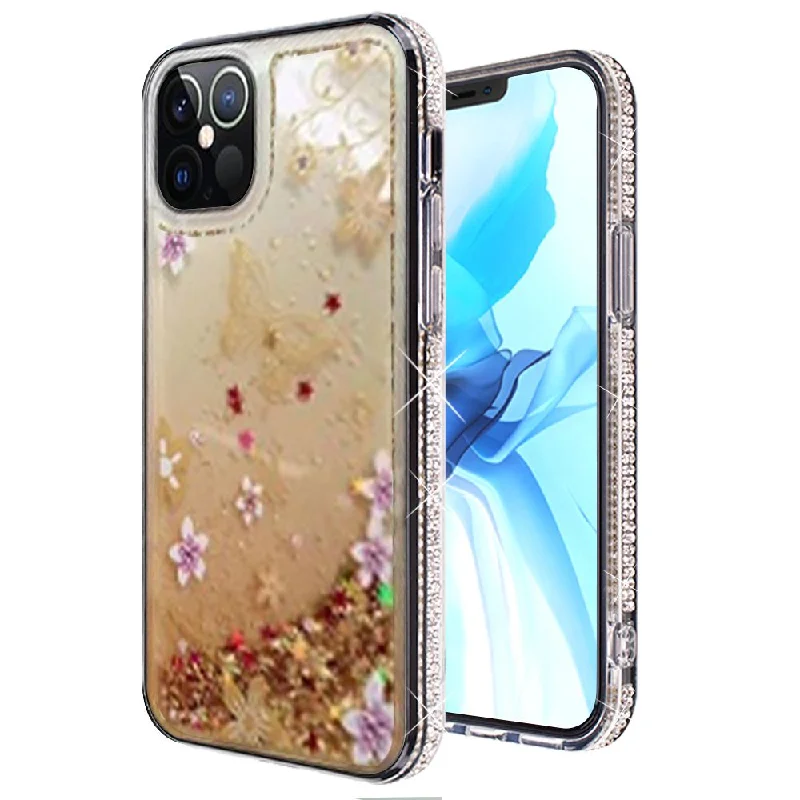 For iPhone 12 Pro Max 6.7 Quicksand Diamond Bumper Hybrid Case Cover - Gold Butterfly Floral