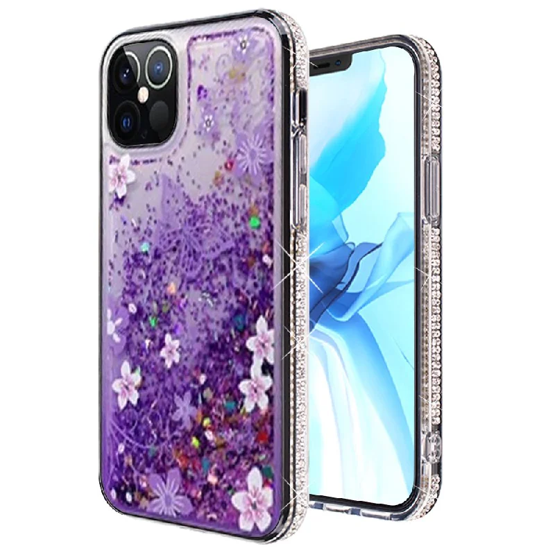 For iPhone 12 Pro Max 6.7 Quicksand Diamond Bumper Hybrid Case Cover - Purple Butterfly Floral