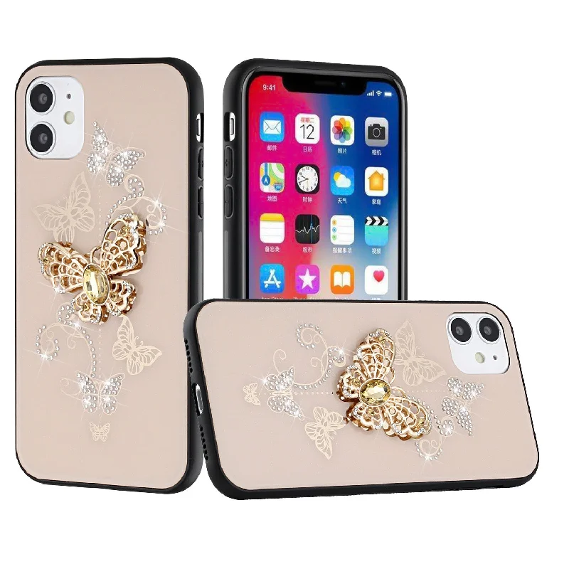 For iPhone 13 6.1 SPLENDID Diamond Glitter Ornaments Engraving Case Cover - Garden Butterflies Gold