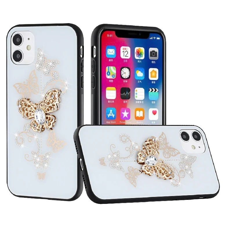 For iPhone 13 6.1 SPLENDID Diamond Glitter Ornaments Engraving Case Cover - Garden Butterflies White