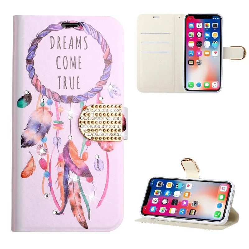 For iPhone 13 Pro Diamond Bling Vegan Leather Wallet Design Cover Case - Dreams Come True