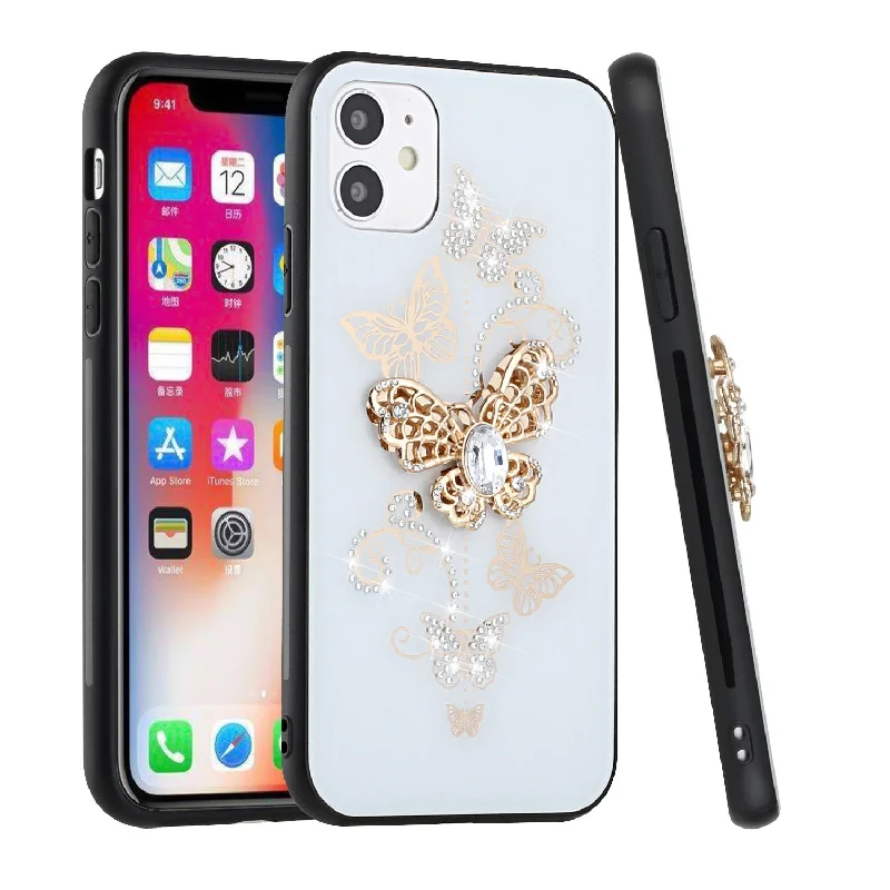 For iPhone 13 Pro SPLENDID Diamond Glitter Ornaments Engraving Case Cover - Garden Butterflies White