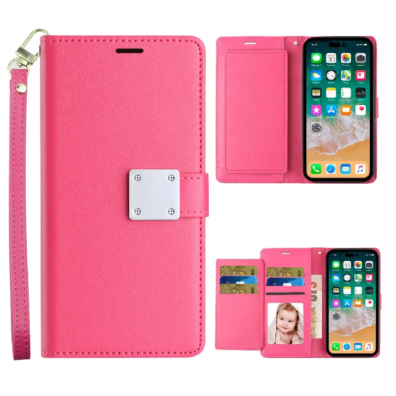 For iPhone 14 Pro Wallet Case Double Fold with Extra Card Slots Pink