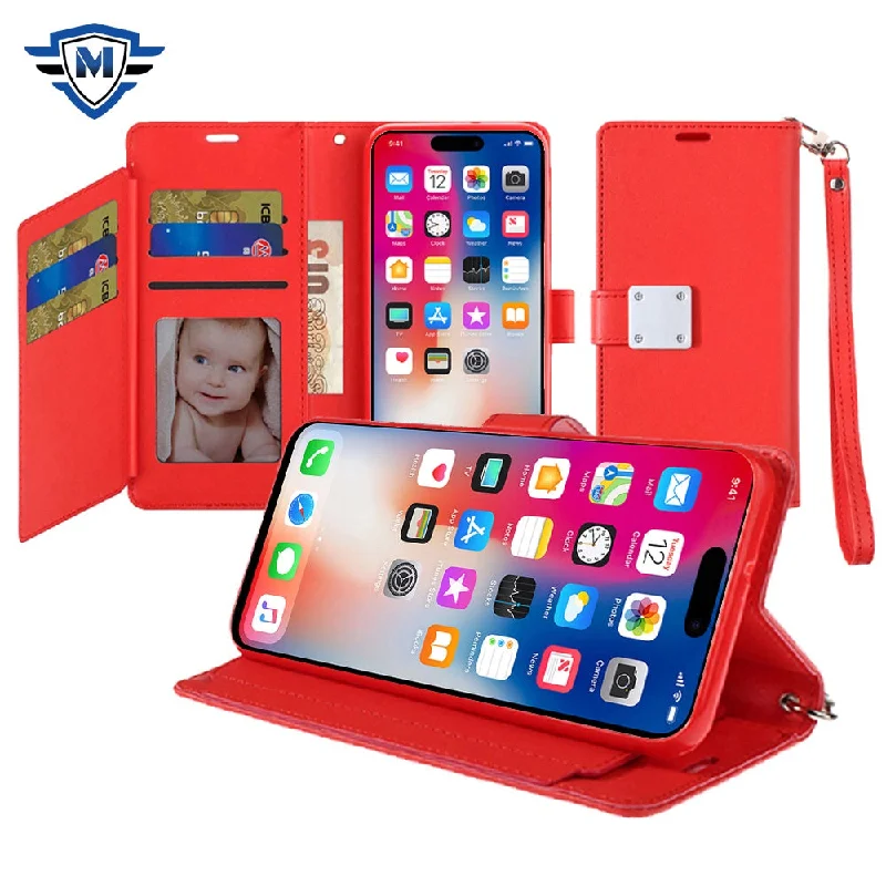 For iPhone 16 Pro Wallet Case Double Fold with Extra Card Slots Red