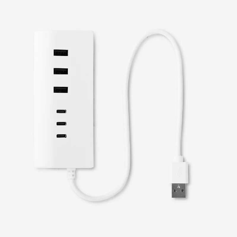 USB hub with six ports. USB-C and USB-A